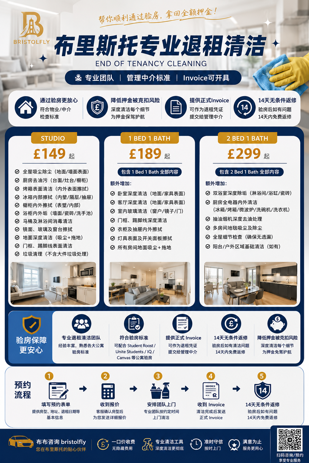 BristolFly end of tenancy cleaning pricing — Studio, 1 Bed, 2 Bed